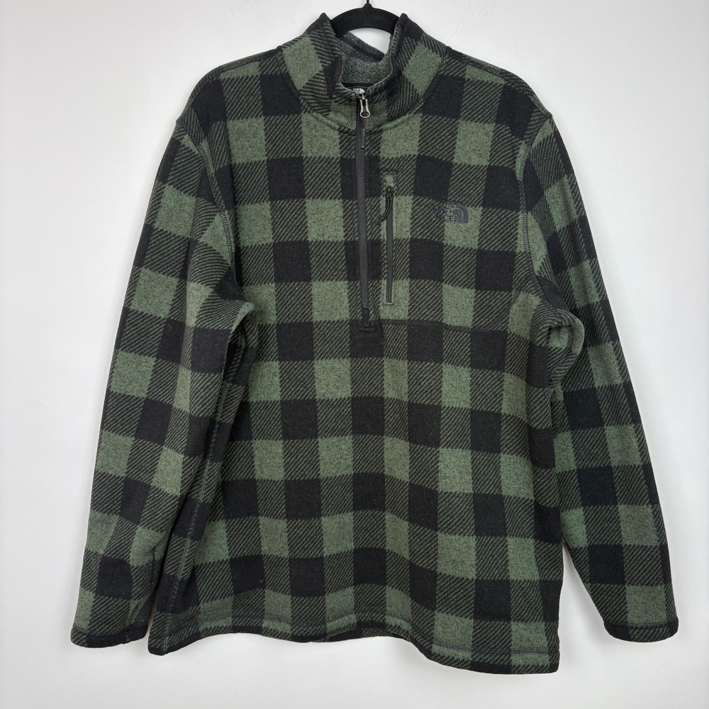 The North Face Mens 1/4 Zip Fleece Sweater XXL Green Plaid Pocket Elbow Patches